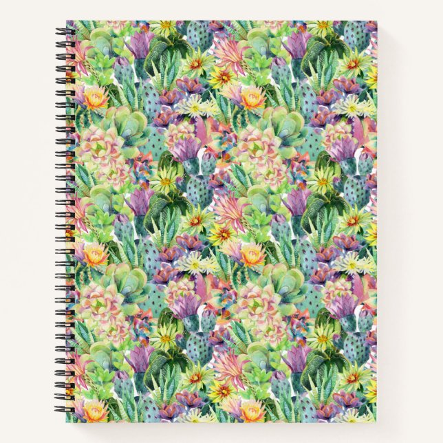 Exotic Blooming Watercolor Cacti Pattern Notebook (Front)