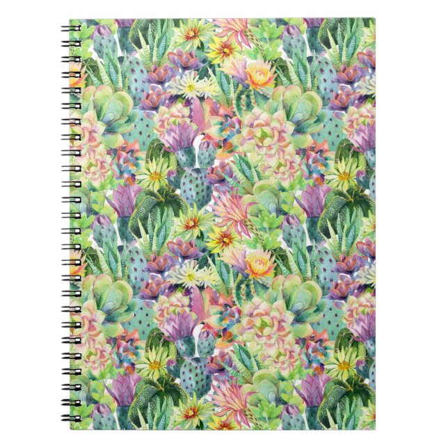 Exotic Blooming Watercolor Cacti Pattern Notebook (Front)