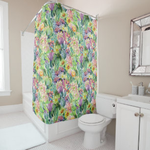 Exotic Blooming Watercolor Cacti Pattern Shower Curtain