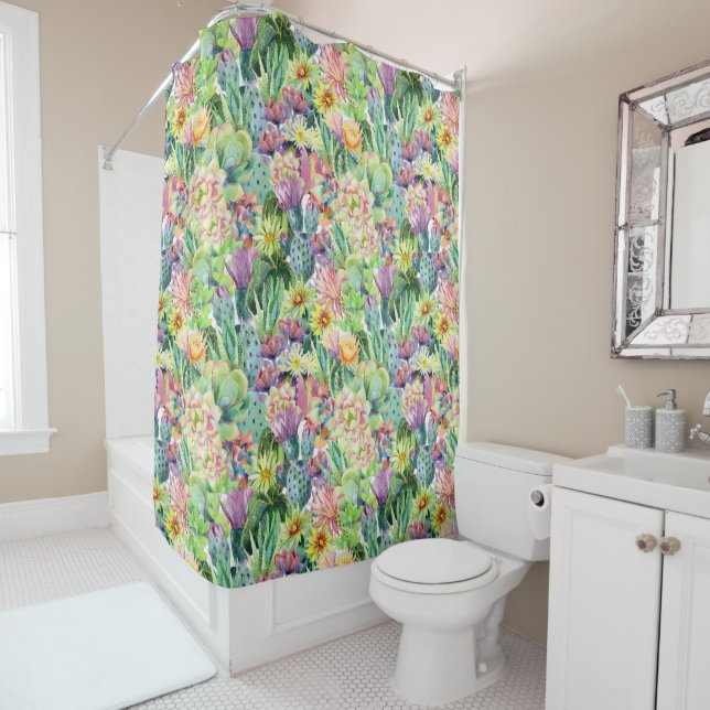Exotic Blooming Watercolor Cacti Pattern Shower Curtain (In Situ)