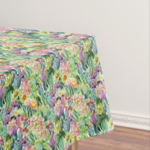 Exotic Blooming Watercolor Cacti Pattern Tablecloth