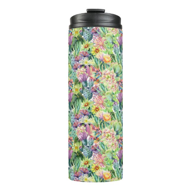 Exotic Blooming Watercolor Cacti Pattern Thermal Tumbler (Front)