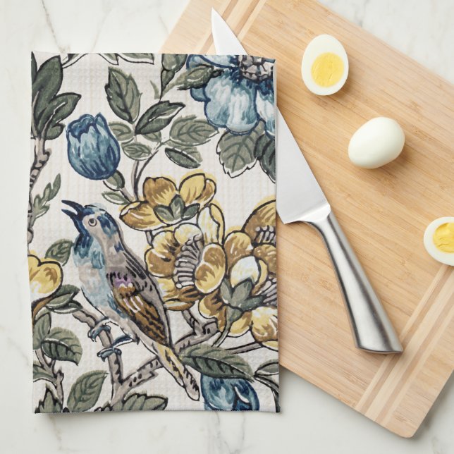 Exotic Blue and Gold Flowers & Birds Tea Towel (Quarter Fold)