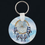 Exotic Blue Dream Catcher Groomsman gift Key Ring<br><div class="desc">A dream catcher that includes the round circle of bamboo and red beads in the web with blue exotic-parrot bird tone feathers on a soft blues feather background . wedding gifts</div>