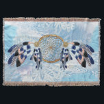 Exotic Blue Dream Catcher Home Decor Throw Blanket<br><div class="desc">A dream catcher that includes the round circle of bamboo and red beads in the web with blue exotic-parrot bird tone feathers on a soft blues feather background .</div>