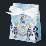 Exotic Blue Dream Catcher Wedding Favour Box<br><div class="desc">A dream catcher that includes the round circle of bamboo and red beads in the web with blue exotic-parrot bird tone feathers on a soft blues feather background for a wedding.</div>