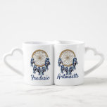 Exotic Blue Dream Catcher Wedding Gift Coffee Mug Set<br><div class="desc">A dream catcher that includes the round circle of bamboo and red beads in the web with blue exotic-parrot bird tone feathers on a soft blues feather background . to personalise</div>