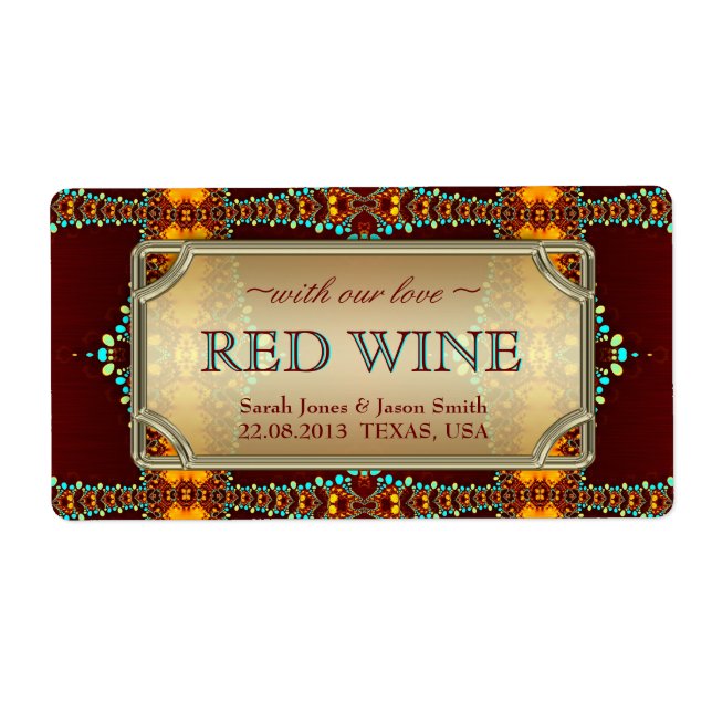 Exotic Bohemian Eastern Wedding Wine Labels (Front)