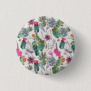 Exotic Boho Watercolor Cactus & Succulent Pattern 3 Cm Round Badge