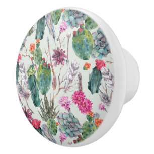 Exotic Boho Watercolor Cactus & Succulent Pattern Ceramic Knob