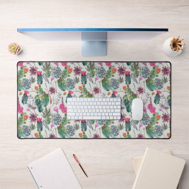 Exotic Boho Watercolor Cactus & Succulent Pattern Desk Mat (Office 1)