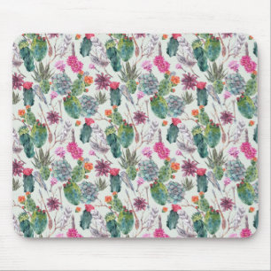 Exotic Boho Watercolor Cactus & Succulent Pattern Mouse Mat