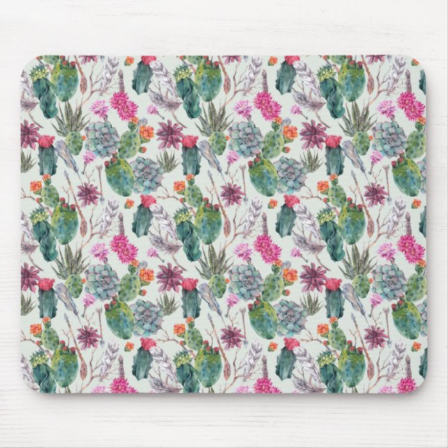 Exotic Boho Watercolor Cactus & Succulent Pattern Mouse Mat (Front)