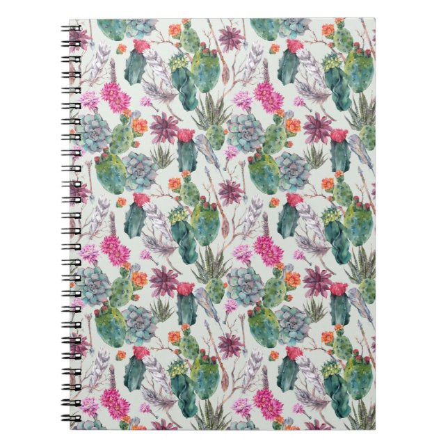 Exotic Boho Watercolor Cactus & Succulent Pattern Notebook (Front)