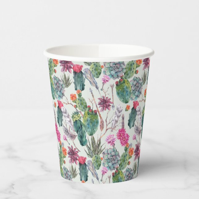 Exotic Boho Watercolor Cactus & Succulent Pattern Paper Cups (Left)