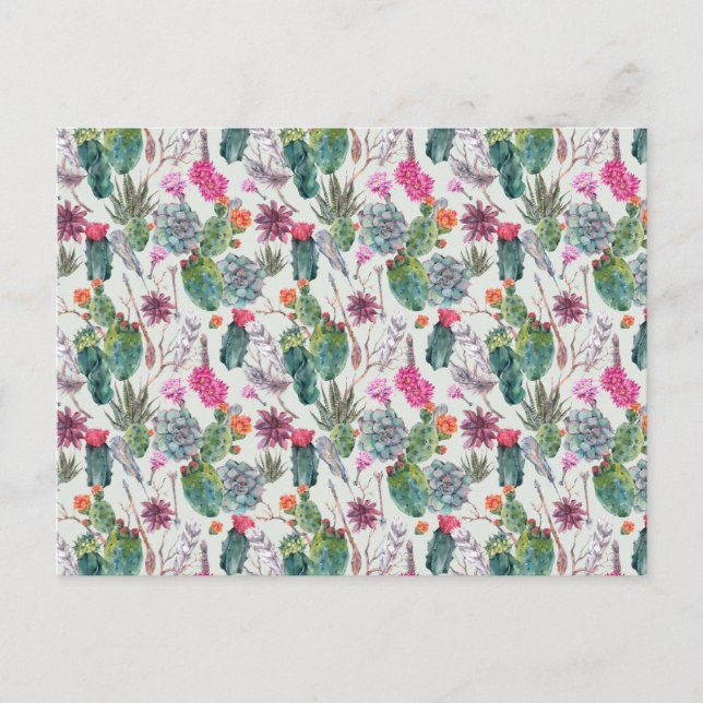 Exotic Boho Watercolor Cactus & Succulent Pattern Postcard (Front)