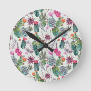 Exotic Boho Watercolor Cactus & Succulent Pattern Round Clock