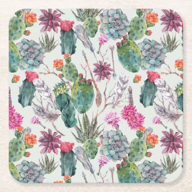 Exotic Boho Watercolor Cactus & Succulent Pattern Square Paper Coaster (Front)