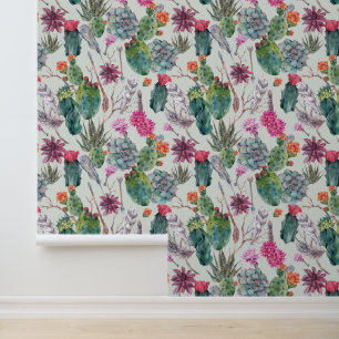 Exotic Boho Watercolor Cactus & Succulent Pattern Wallpaper
