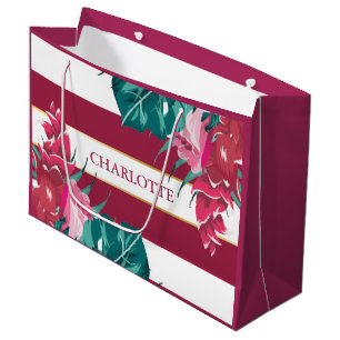 Exotic burgundy Floral Personalised striped Large Gift Bag