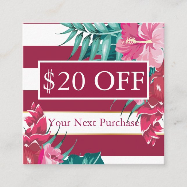 Exotic burgundy Floral striped Discount Card (Front)