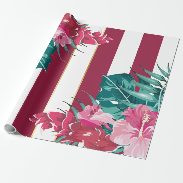 Exotic burgundy Floral striped Wrapping Paper (Unrolled)