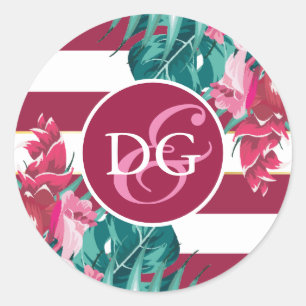 Exotic burgundy Flowers Monogram striped Classic Round Sticker