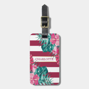Exotic burgundy Flowers Monogram striped Luggage Tag