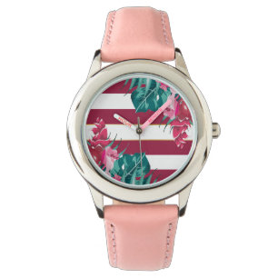 Exotic burgundy Flowers striped Watch
