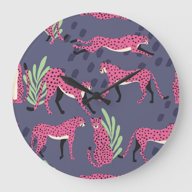 Exotic cheetahs: colourful vintage pattern. large clock (Front)