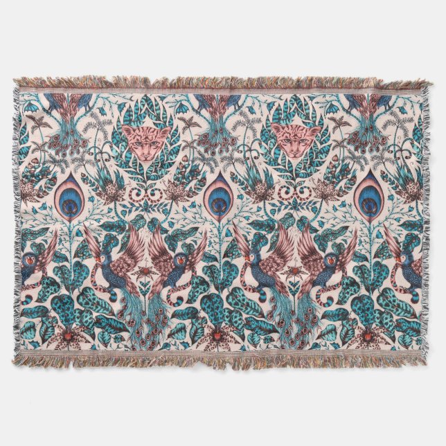 Exotic chinoiserie inspired jungle animal fabric throw blanket (Front)