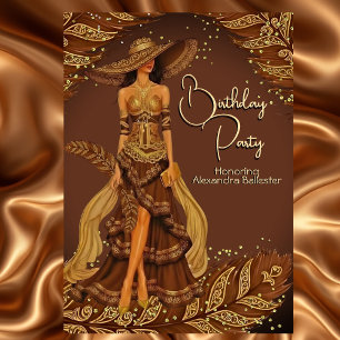 Exotic Chocolate Dress Gold Feather Birthday Party Invitation