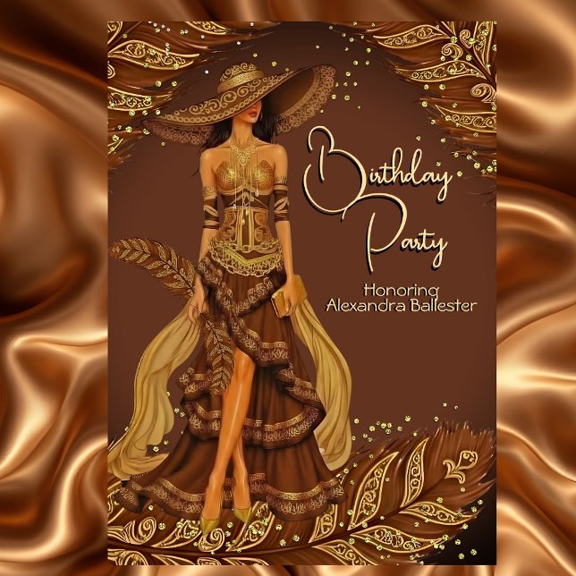 Exotic Chocolate Dress Gold Feather Birthday Party Invitation (Creator Uploaded)