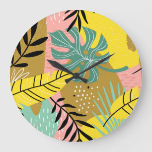Exotic Collage: Tropical Plants Pattern Large Clock