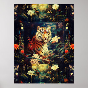 Exotic Colorful Tiger In Forest Art Collage Poster