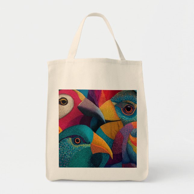 Exotic coloured and patterned birds tote bag (Front)