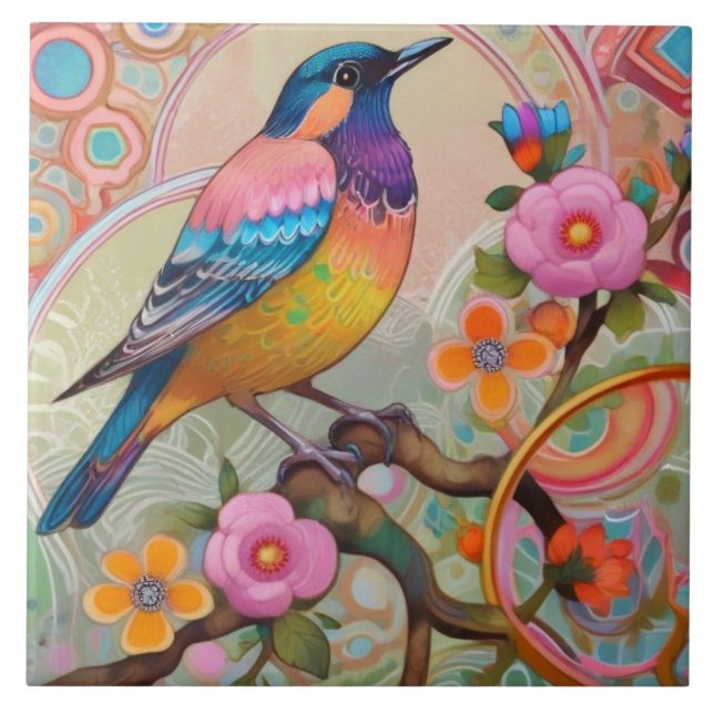 Exotic Colourful Fantasy Bird Pastel Pink Floral Tile (Front)