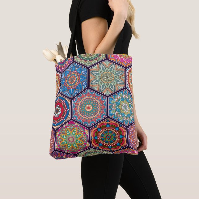 Exotic Colourful Floral Hexagonal Quilt Hexie Boho Tote Bag (Close Up)