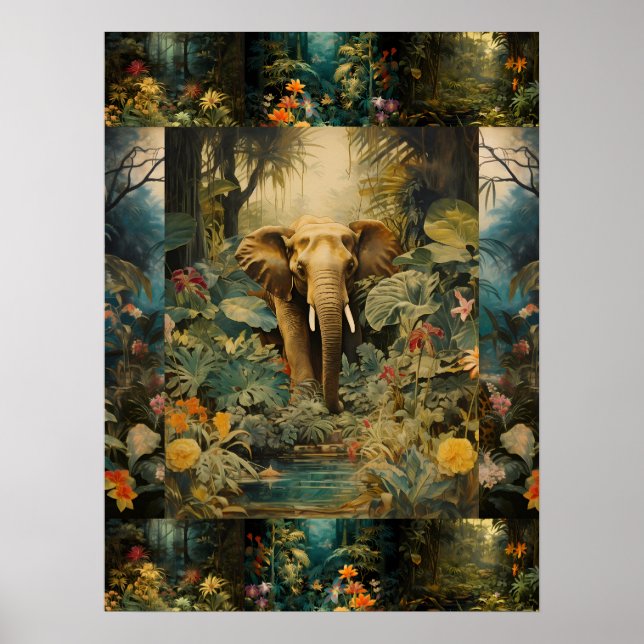 Exotic Colourful Forest Elephant Art Collage Poster (Front)