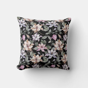 Exotic Columbine: Black Floral Watercolor. Cushion
