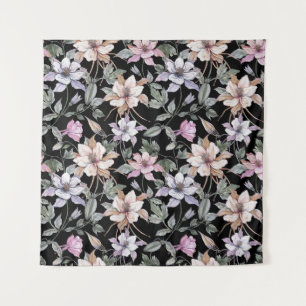 Exotic Columbine: Black Floral Watercolor. Tapestry
