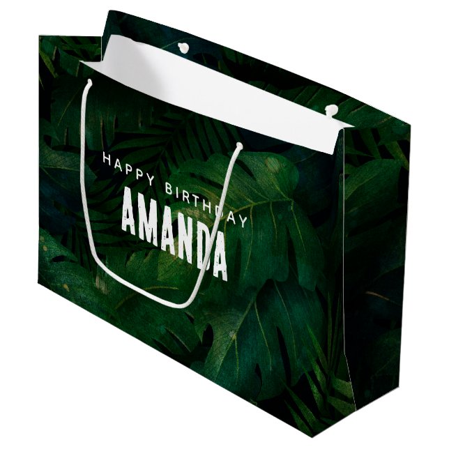 Exotic Dark Green Tropical Leaves Birthday Large Gift Bag (Front Angled)
