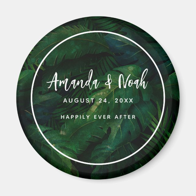 Exotic Dark Green Tropical Leaves Wedding Magnet (Front)