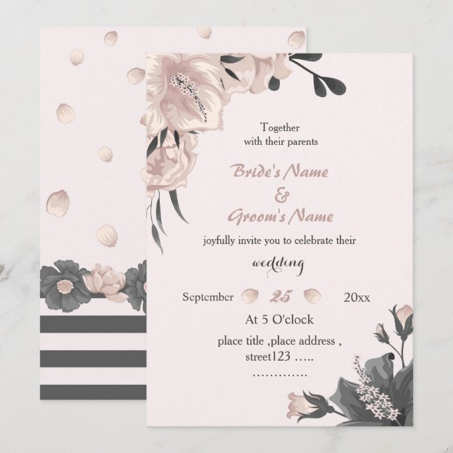 exotic dusty pink dark grey flowers wedding invitation (Front/Back)