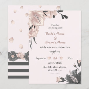 exotic dusty pink dark grey flowers wedding invitation