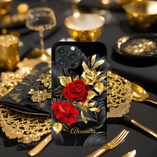 Exotic Elegant Red Rose Floral Rich Gold Black Case-Mate iPhone Case