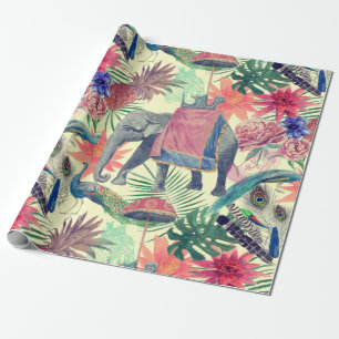Exotic Elephant Peacock Pretty Wrapping Paper