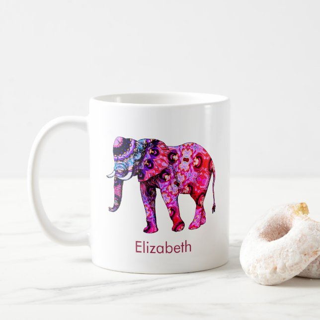 Exotic Elephant with a Colourful Eastern Pattern Coffee Mug (With Donut)