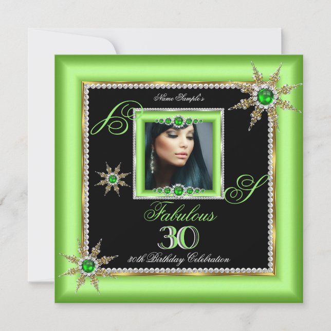 Exotic Fabulous 30 Lime Silver Snowflake Photo Invitation (Front)