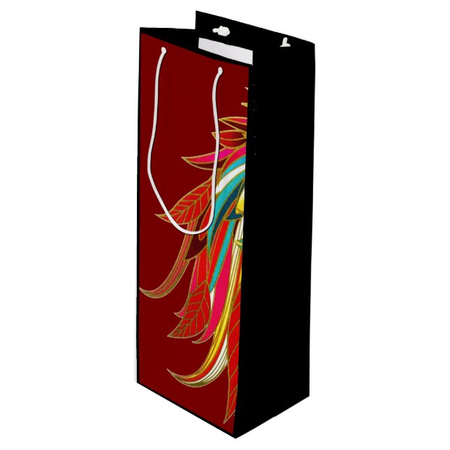 Exotic Feathers Red and Black Wine Gift Bag (Front Angled)